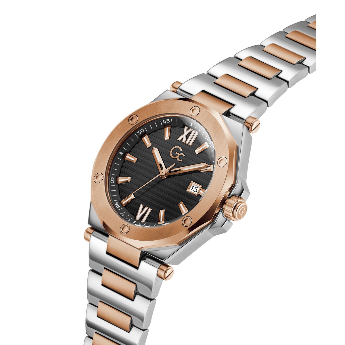 Gc Legacy Sleek Metal Men Watch Silver & Rose Gold Stainless Steel Bracelet Z67002G2