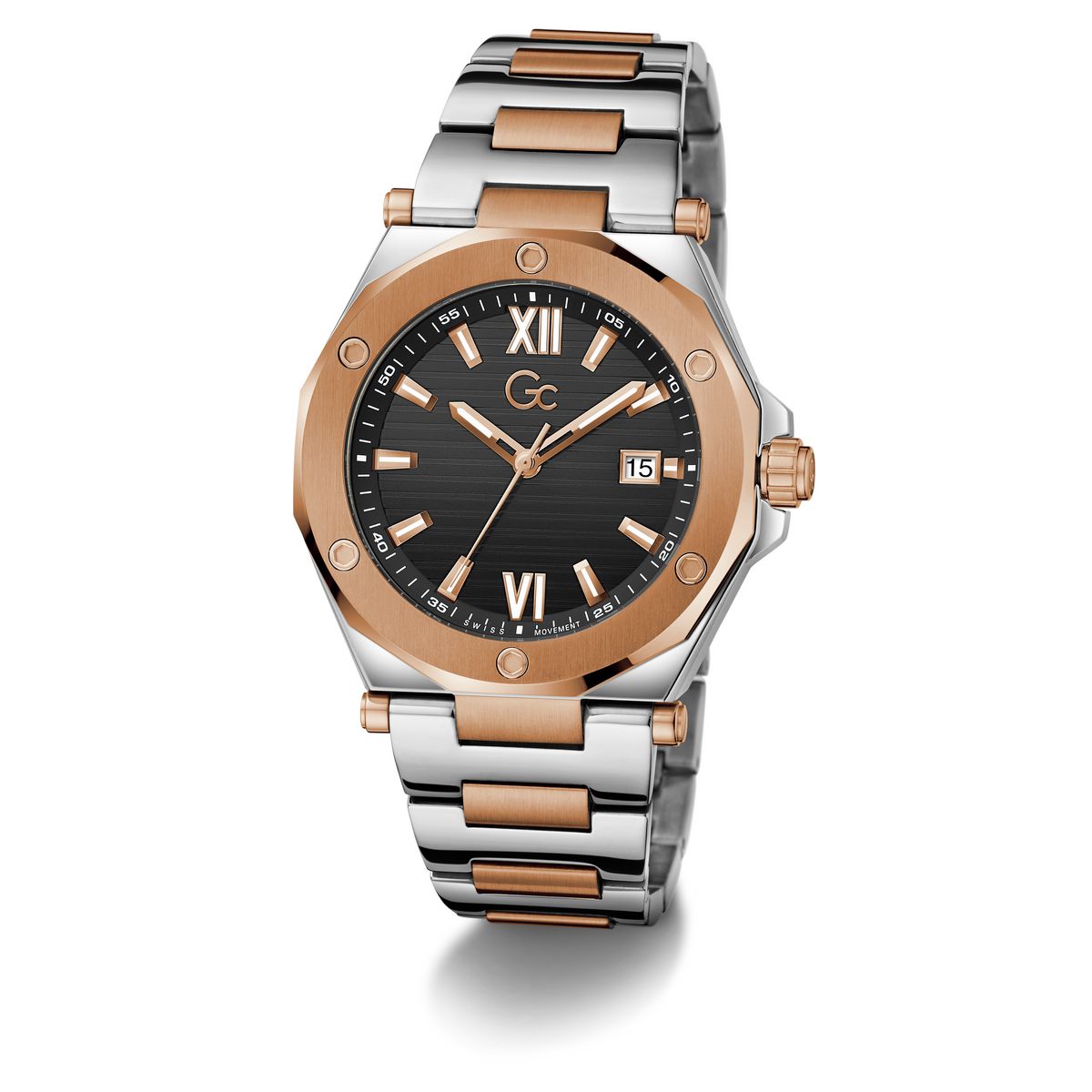 Gc Legacy Sleek Metal Men Watch Silver & Rose Gold Stainless Steel Bracelet Z67002G2