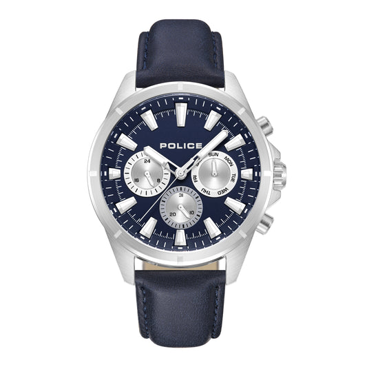 Police Men Watch PEWJF0005803 Stainless Steel Case, Navy Blue Dial, Navy Blue Leather